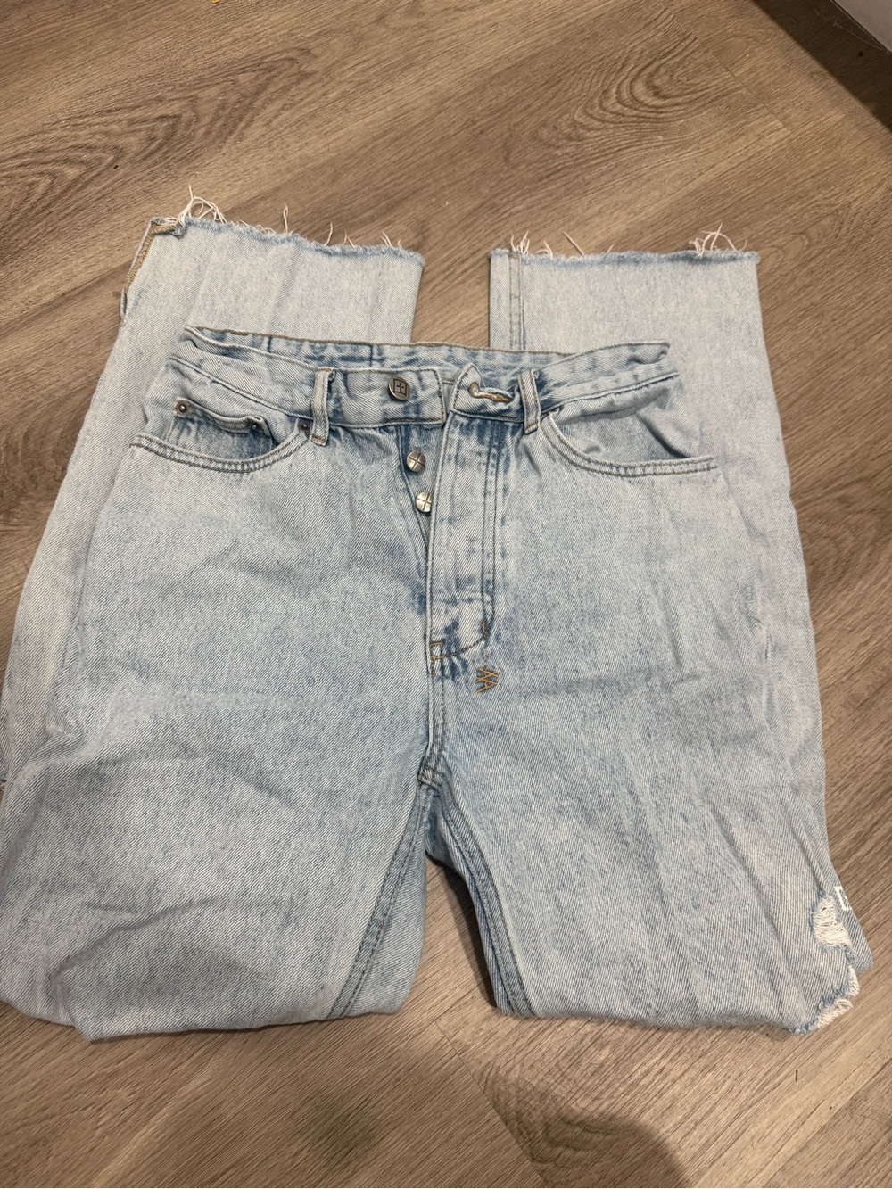 Ksubi Light Blue High-Rise Straight Jeans with Raw Hem and knee rips
